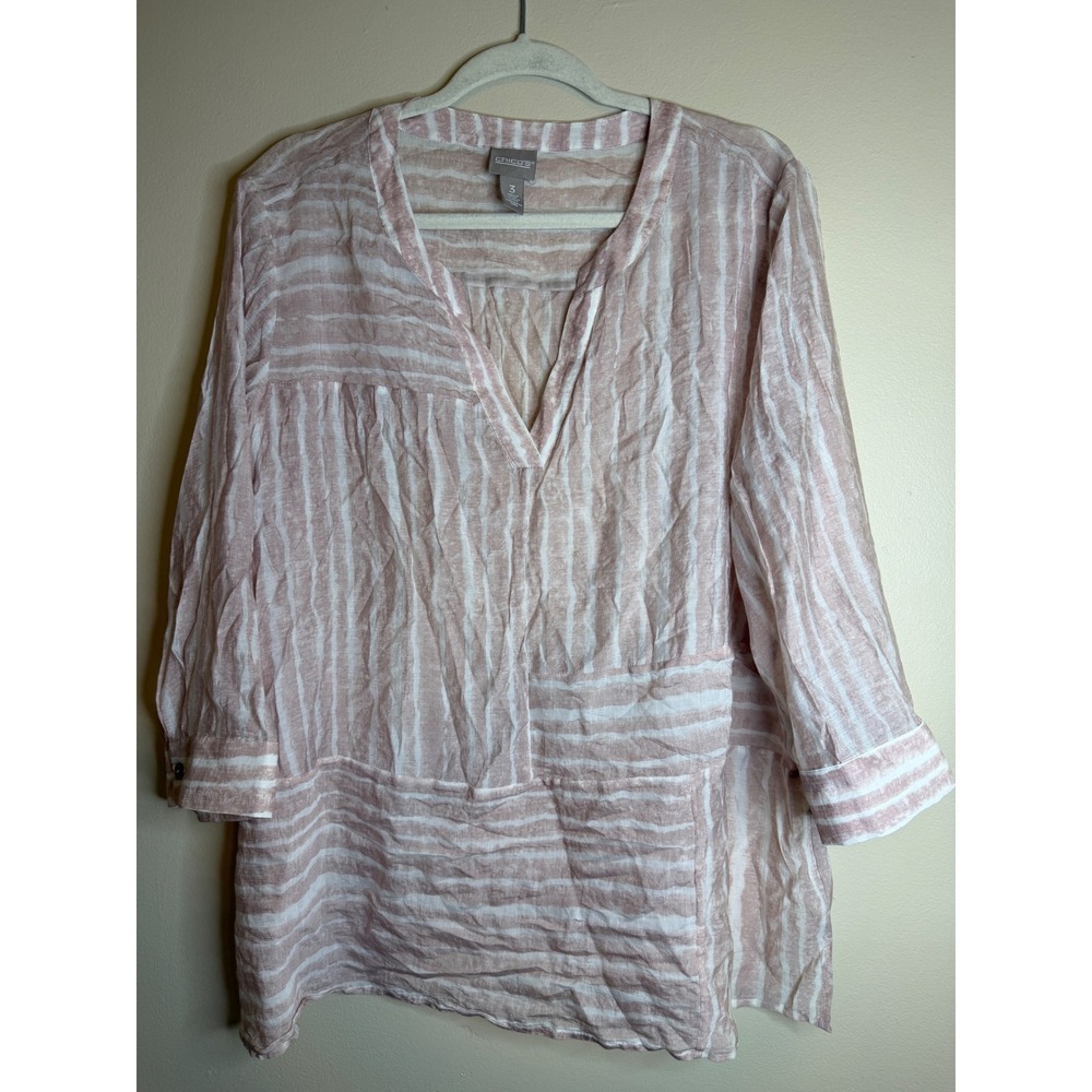 Chicos Boho Beach Pink White Striped V-Neck Tunic Top 3/4 Sleeve Size 3 XL